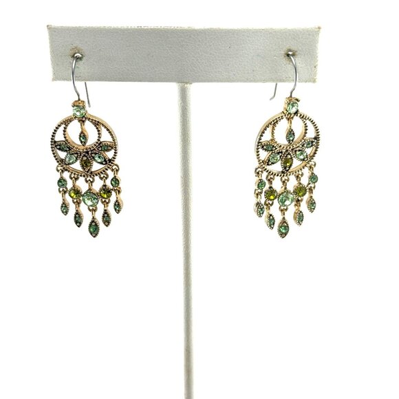 Vintage Green Rhinestone Dangle Earrings Boho Chandelier Drop Pierced - Picture 3 of 9